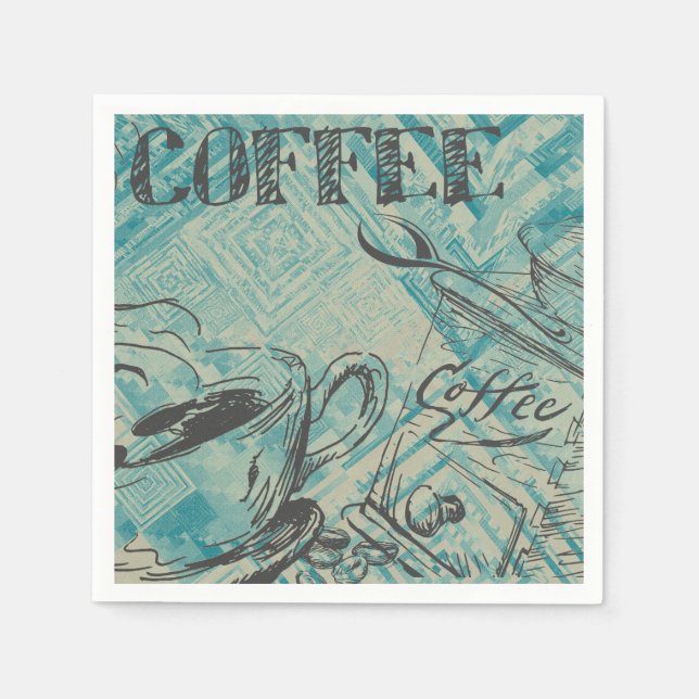 Modern Coffee Art Sketch Blue Napkins (Front)