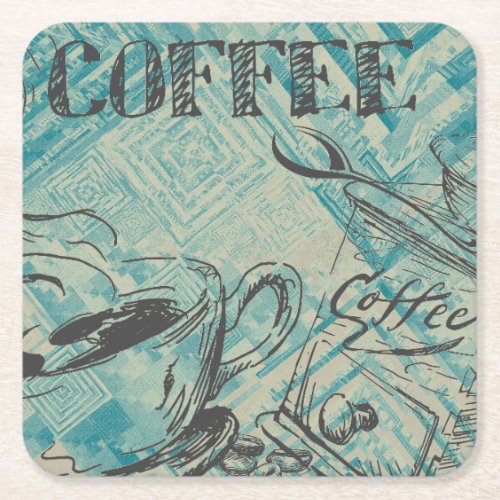 Modern Coffee Art Sketch Blue Square Paper Coaster