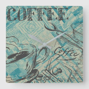 Modern Coffee Art Sketch Blue Square Wall Clock