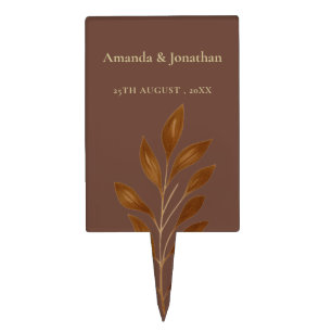 Modern Coffee Brown and Gold Leaf Wedding Cake Top Cake Topper