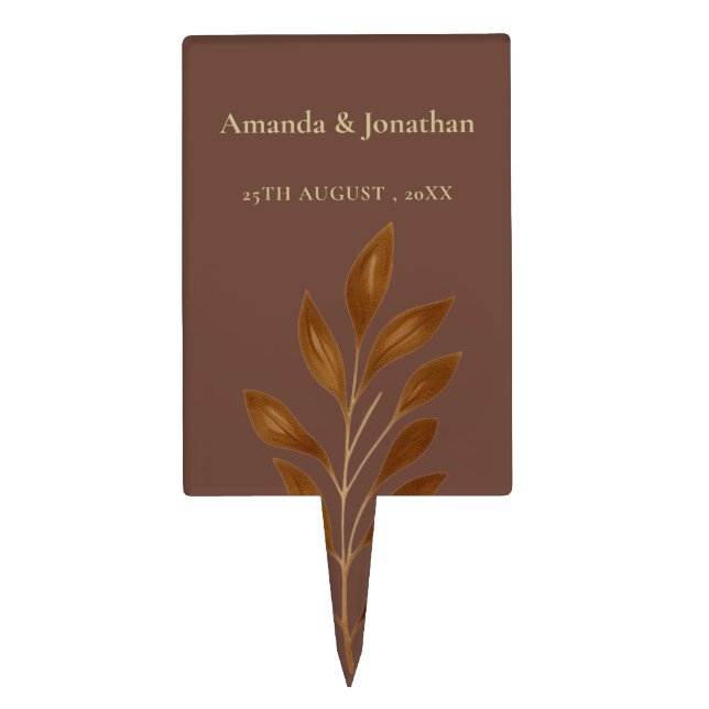Modern Coffee Brown and Gold Leaf Wedding Cake Top Topper (Front)