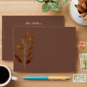 Modern Coffee Brown and Gold Leaf Wedding Envelope