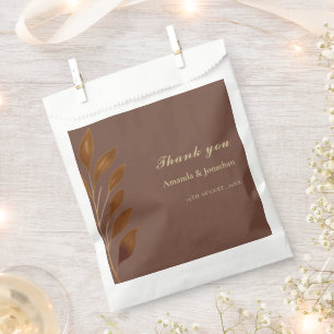 Modern Coffee Brown and Gold Leaf Wedding Favor Bag