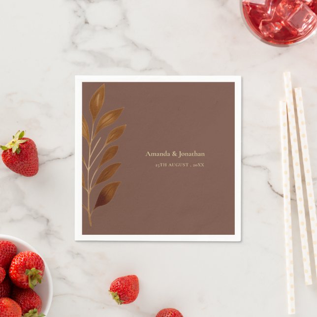 Modern Coffee Brown and Gold Leaf Wedding  Napkins (Insitu)