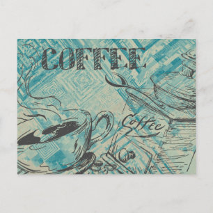 Modern Coffee Lovers Cafe Art Sketch Blue Postcard