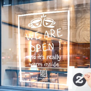 Modern coffee shop sign with QR code window clings