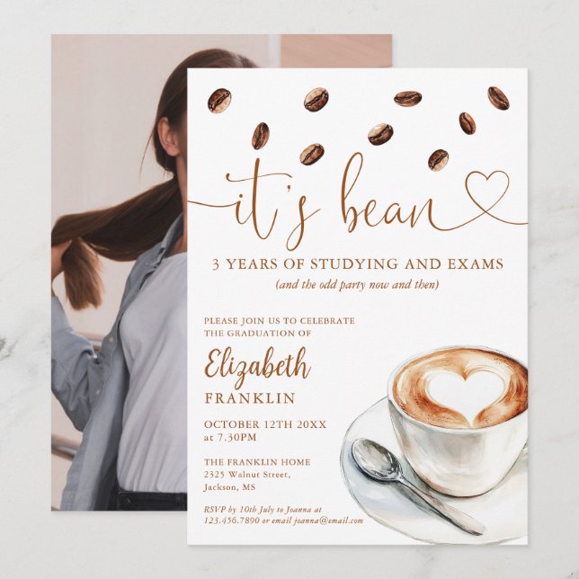 Modern Coffee Themed Graduation Party Photo Invitation (Front/Back)