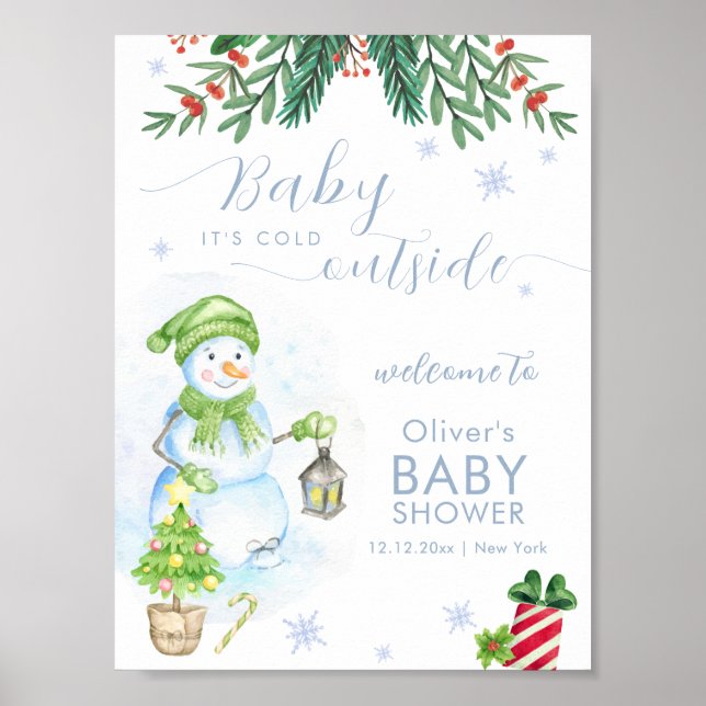 Modern Cold Outside Snowman Baby Shower Welcome Poster (Front)