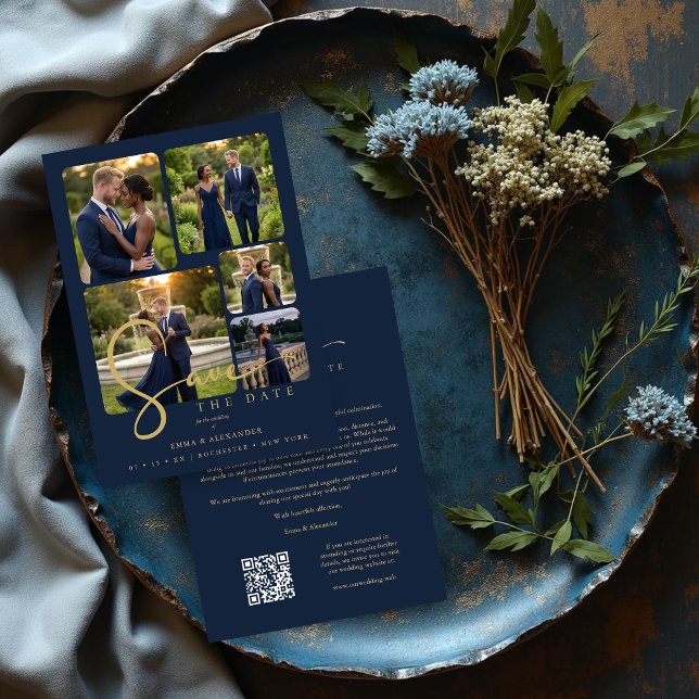 Modern Collage 5-Photo Wedding Navy Blue Save The Date (Modern Collage Wedding 5-Photos Navy Blue & Faux Gold Script Typography Save the Date Card Design.)