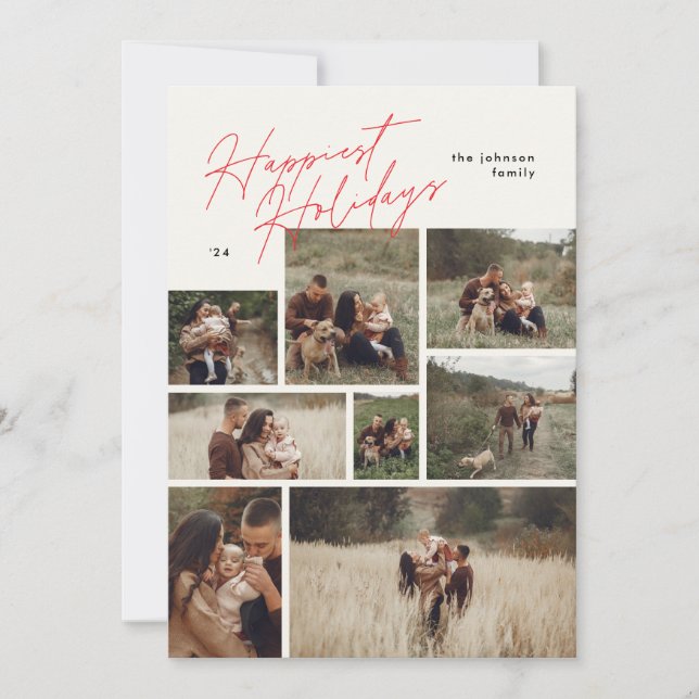 Modern Collage Christmas Red 8+ Photo Happiest Holiday Card (Front)