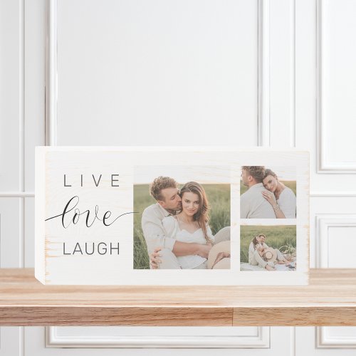 Modern Collage Couple Photo  Live Love Laugh Gift Wooden Box Sign