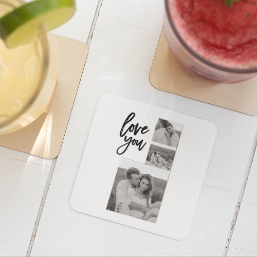 Modern Collage Couple Photo  Love You Beauty Gift Square Paper Coaster
