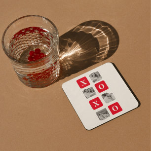 Modern Collage Couple Photo & Red XOXO Square Paper Coaster