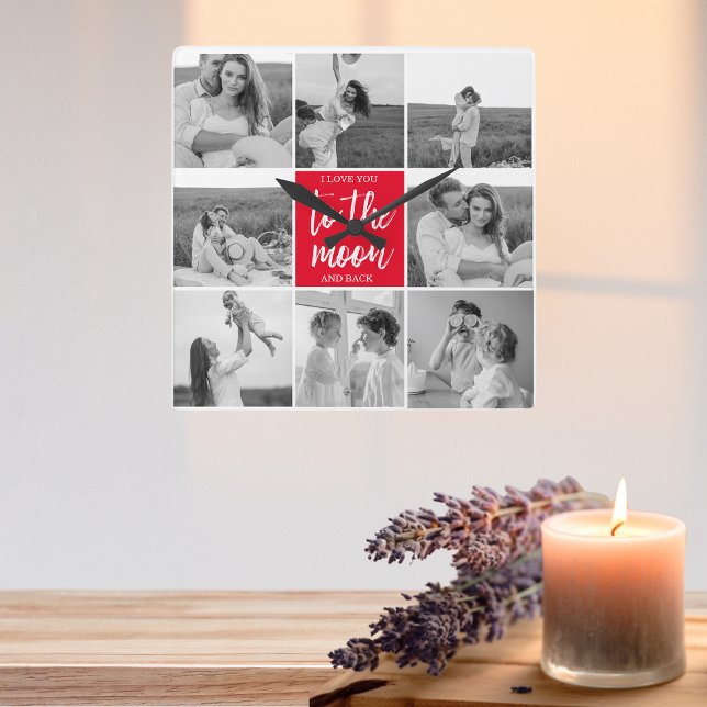 Modern Collage Couple Photo & To The Moon Quote Square Wall Clock (Creator Uploaded)