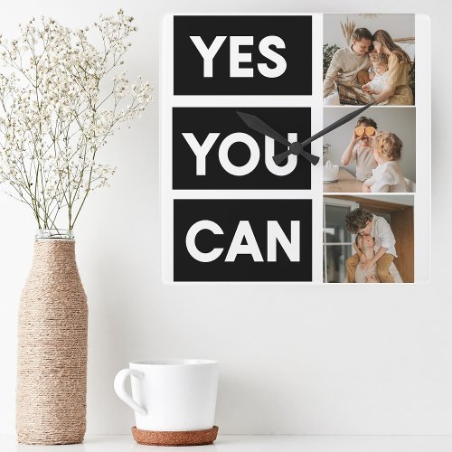 Modern Collage Family Photo  Motivation Quote Square Wall Clock