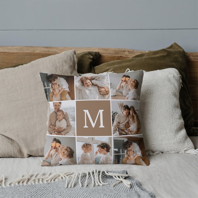 Modern Collage Family Photo With Initial Throw Pillow (Creator Uploaded)