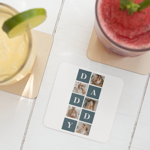 Modern Collage Fathers Photo  Green Daddy Gifts Square Paper Coaster