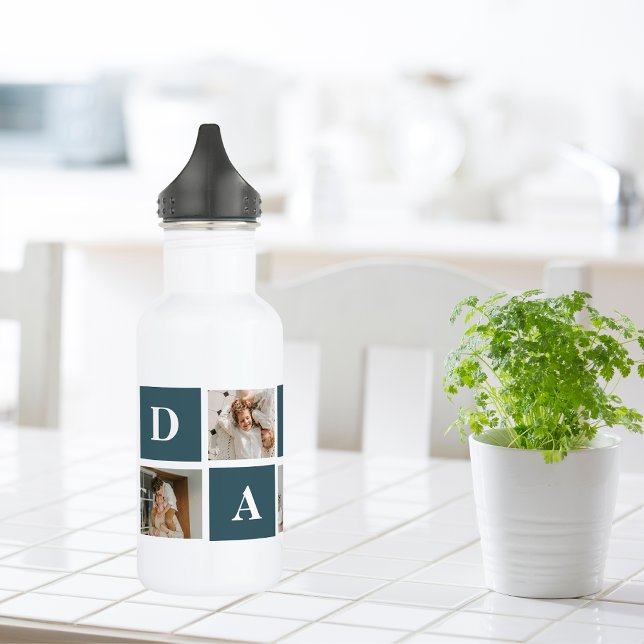 Modern Collage Fathers Photo & Green Daddy Gifts Stainless Steel Water Bottle (Creator Uploaded)