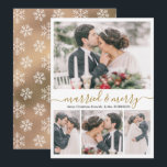 Modern Collage Married and Merry Christmas Card<br><div class="desc">Modern Elegant Calligraphy White and Gold Calligraphy 4 Photo Collage Married and Merry Christmas Card. This mimimalist festive newlywed christmas card features four (4) grid photo collage and „Married and Merry” greeting text which is written in a beautiful swirly hand lettered swash-tail font type in gold and white. On the...</div>