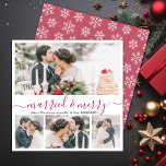 Modern Collage Married and Merry Christmas Card<br><div class="desc">Elegant Modern Calligraphy White and Red 4 Photo Collage Married and Merry Christmas Card. This mimimalist festive newlywed christmas card features four (4) grid photo collage and „Married and Merry” greeting text which is written in a beautiful hand lettered swirly swash-tail font type in red and white. On the reverse...</div>