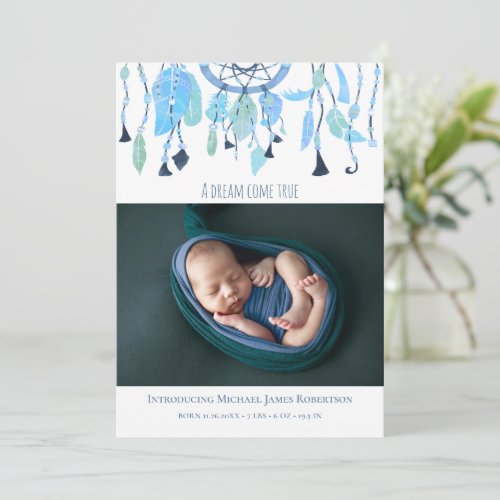 Modern Collage Photo Baby Blue Dream Catcher Birth Announcement