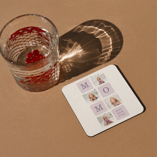 Modern Collage Photo Best Mom Ever Purple Gift Square Paper Coaster