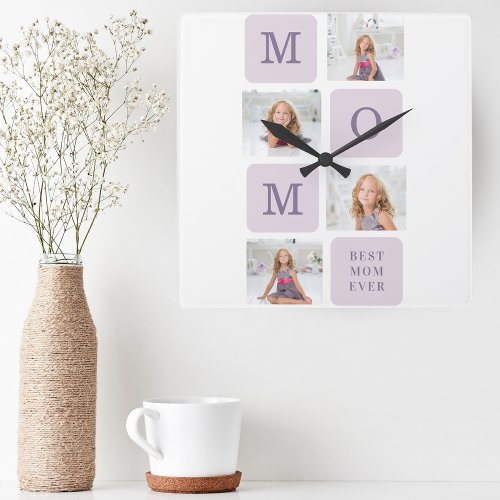 Modern Collage Photo Best Mom Ever Purple Gift Square Wall Clock