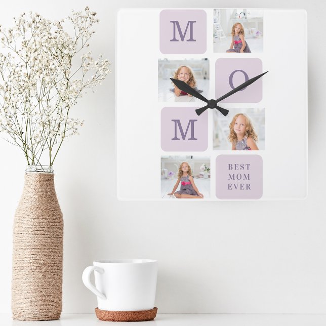Modern Collage Photo Best Mom Ever Purple Gift Square Wall Clock (Creator Uploaded)