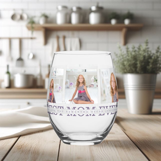 Modern Collage Photo Best Mom Ever Purple Gift  Stemless Wine Glass (Creator Uploaded)