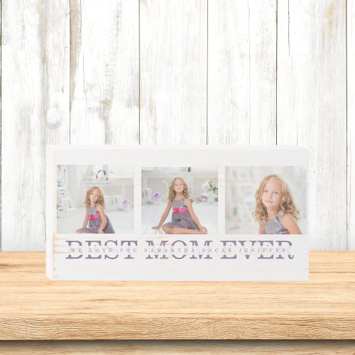 Modern Collage Photo Best Mom Ever Purple Gift  Wooden Box Sign