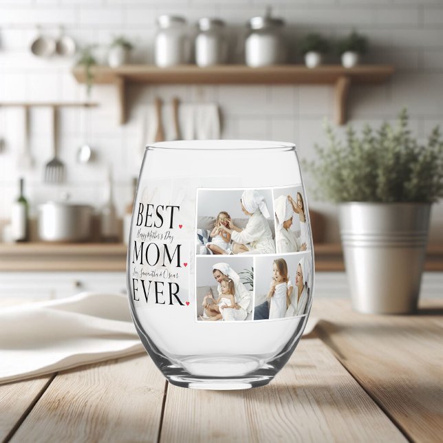Modern Collage Photo Best Mom Happy Mothers Day Stemless Wine Glass (Creator Uploaded)