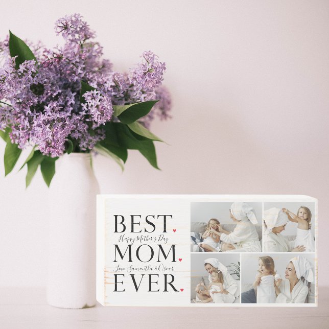 Modern Collage Photo Best Mom Happy Mothers Day Wooden Box Sign (Creator Uploaded)