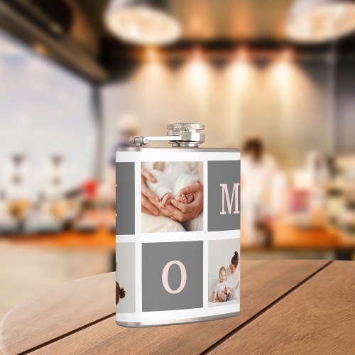 Modern Collage Photo Best Mom  Pink  Grey Gift Flask