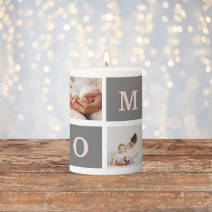 Modern Collage Photo Best Mom  Pink & Grey Gift Pillar Candle