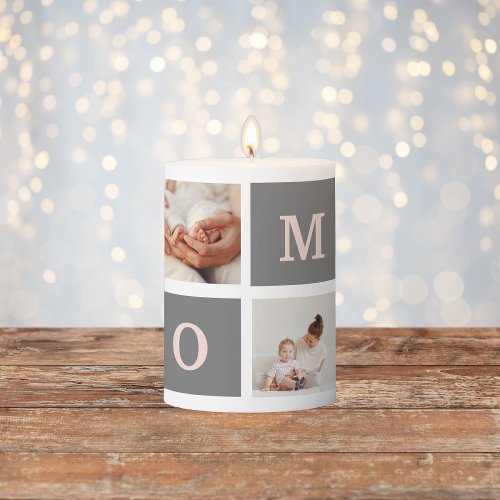 Modern Collage Photo Best Mom  Pink  Grey Gift Pillar Candle