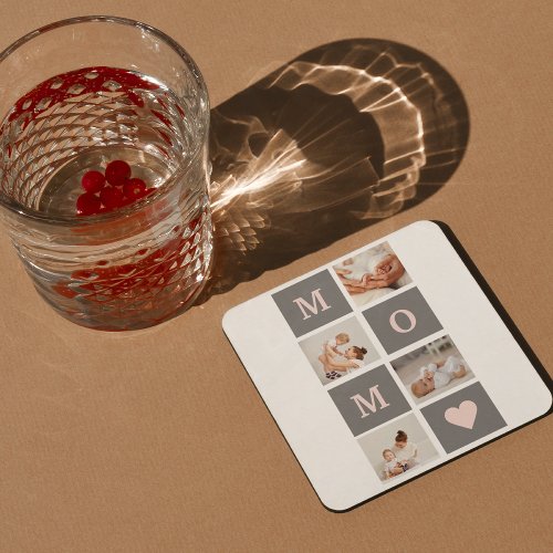 Modern Collage Photo Best Mom  Pink  Grey Gift Square Paper Coaster