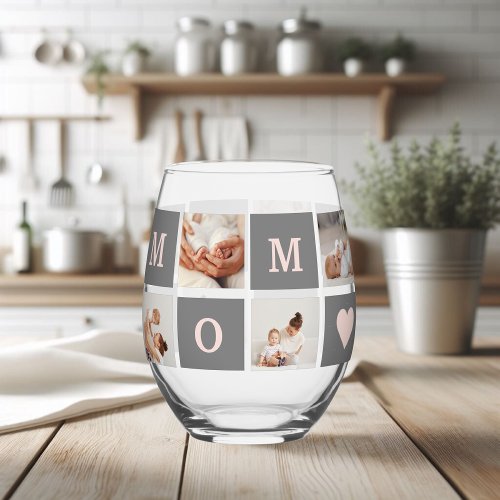 Modern Collage Photo Best Mom  Pink  Grey Gift Stemless Wine Glass