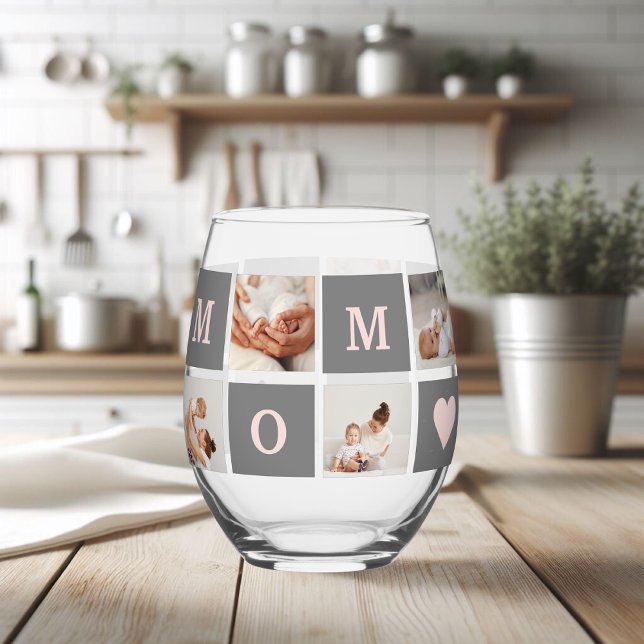 Modern Collage Photo Best Mom  Pink & Grey Gift Stemless Wine Glass (Creator Uploaded)