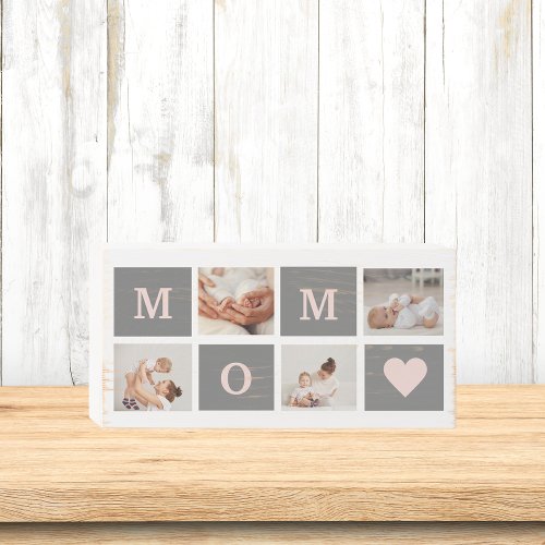Modern Collage Photo Best Mom  Pink  Grey Gift Wooden Box Sign