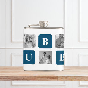 Modern Collage Photo Blue Best Hubby Ever Gift Flask