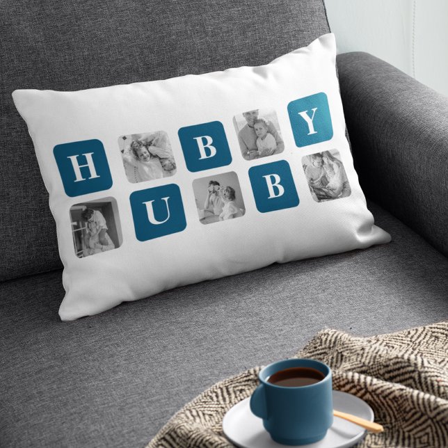 Modern Collage Photo Blue Best Hubby Ever Gift Lumbar Pillow (Creator Uploaded)