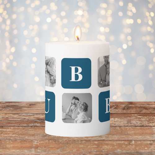 Modern Collage Photo Blue Best Hubby Ever Gift Pillar Candle