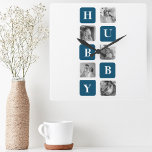 Modern Collage Photo Blue Best Hubby Ever Gift Square Wall Clock<br><div class="desc">The "Modern Collage Photo Blue Best Hubby Ever Gift" is a personalized photo gift that showcases a collection of pictures featuring the best moments shared between you and your beloved husband. This particular version features a blue theme, making it a stylish and contemporary addition to any decor.This gift is perfect...</div>