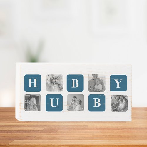 Modern Collage Photo Blue Best Hubby Ever Gift Wooden Box Sign