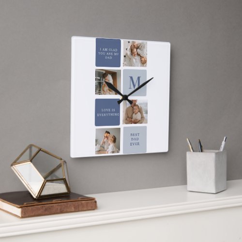 Modern Collage Photo  Blue Happy Fathers Day Gift Square Wall Clock