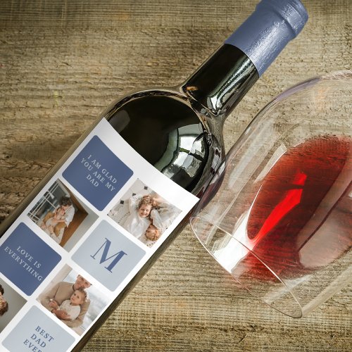 Modern Collage Photo  Blue Happy Fathers Day Gift Wine Label