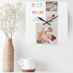 Modern Collage Photo & Colorful Best Mum Ever Gift Square Wall Clock<br><div class="desc">A modern collage photo and colorful "Best Mom Ever" gift is a thoughtful and personalized present for any mother. The collage photo is a collection of various pictures that have been artfully arranged to form a cohesive and visually appealing composition. These photos may feature cherished memories, family members, and special...</div>