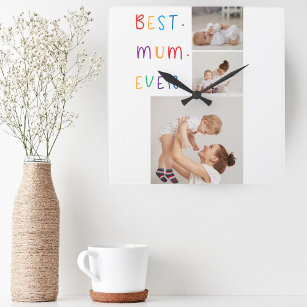 Modern Collage Photo & Colorful Best Mum Ever Gift Square Wall Clock
