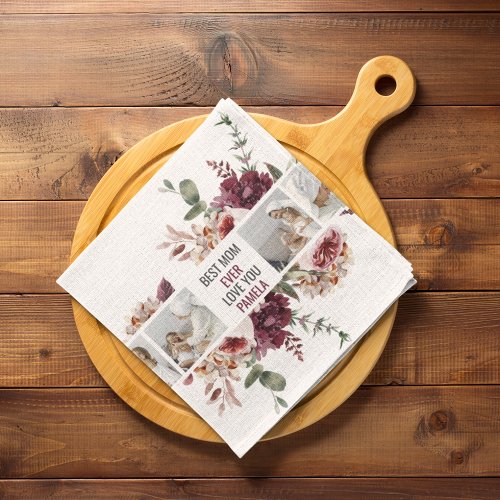 Modern Collage Photo Flowers Frame Best Mom Gift Kitchen Towel