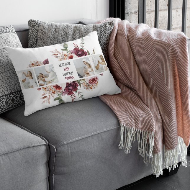 Modern Collage Photo Flowers Frame Best Mom Gift Lumbar Pillow (Creator Uploaded)